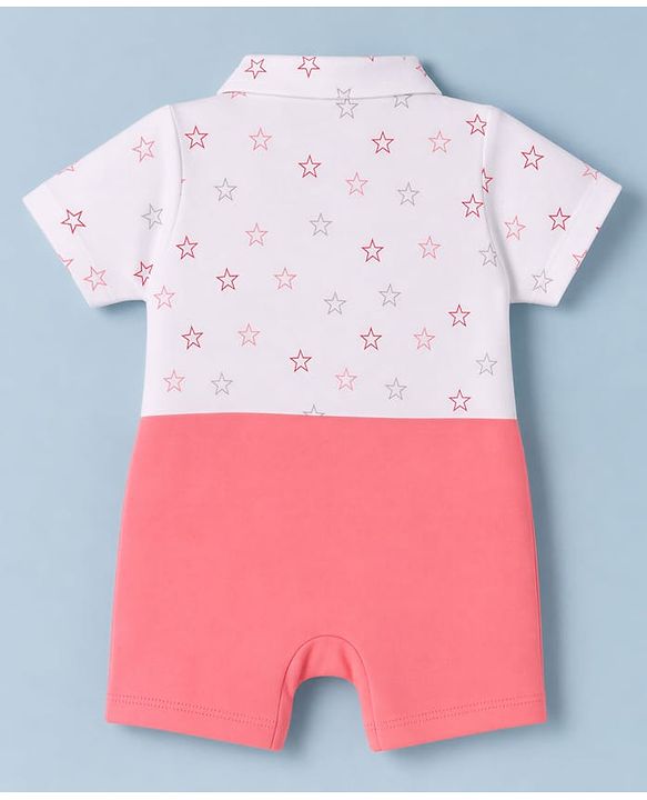Babyhug 100% Cotton Interlock Knit Half Sleeves Romper With Star Print & Bow Applique - Pink