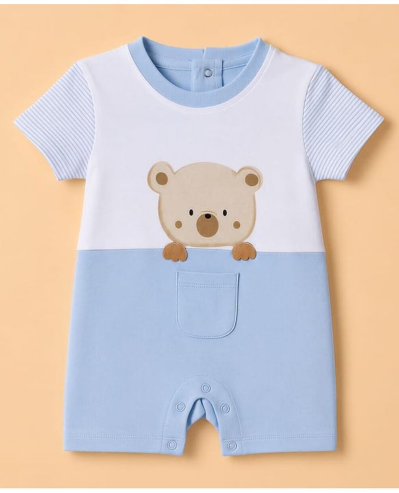 Babyhug 100% Cotton Interlock Knit Half Sleeves Romper With Teddy Bear Print - White