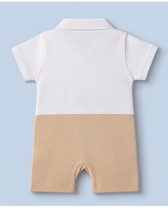 Babyhug 100% Cotton Interlock Knit Half Sleeves Party Wear Romper With Bow - Beige