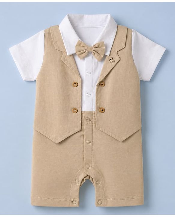 Babyhug 100% Cotton Interlock Knit Half Sleeves Party Wear Romper With Bow - Beige