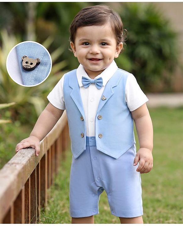 Babyhug Interlock Woven Half Sleeves Partywear Romper With Attached Waistcoat & Bow - Light Blue