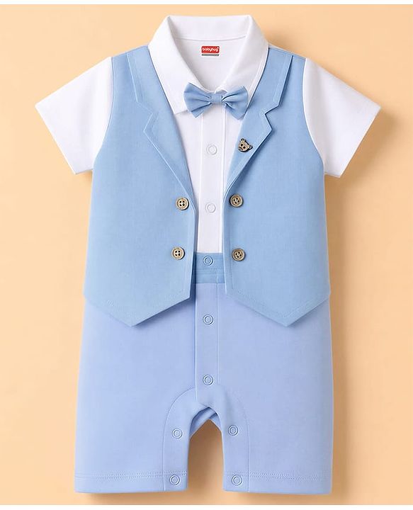 Babyhug Interlock Woven Half Sleeves Partywear Romper With Attached Waistcoat & Bow - Light Blue