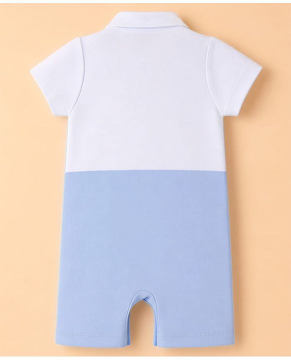 Babyhug Interlock Woven Half Sleeves Partywear Romper With Attached Waistcoat & Bow - Light Blue