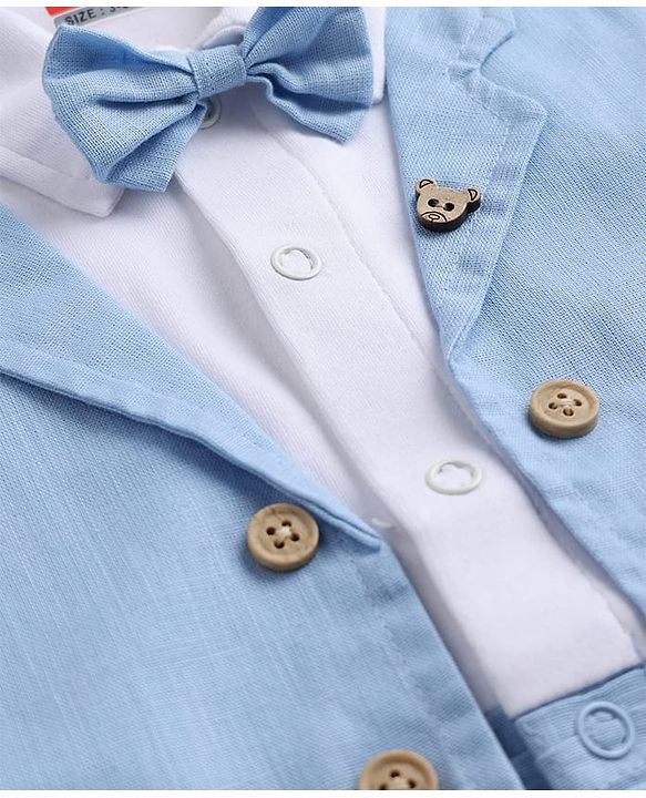 Babyhug Interlock Woven Half Sleeves Partywear Romper With Attached Waistcoat & Bow - Light Blue