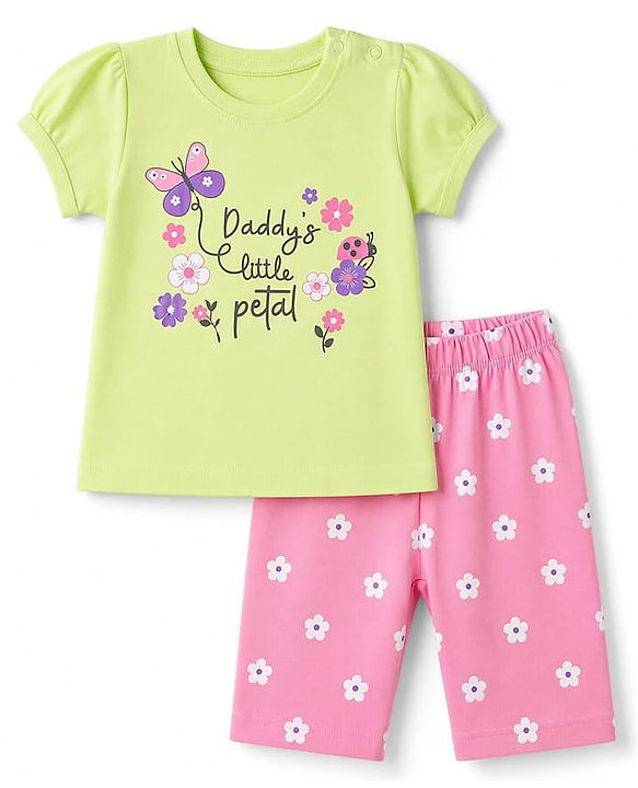 Babyhug 100% Cotton Knit Half sleeves T-Shirt & Capri Night Suit With Floral & Text Print - Green