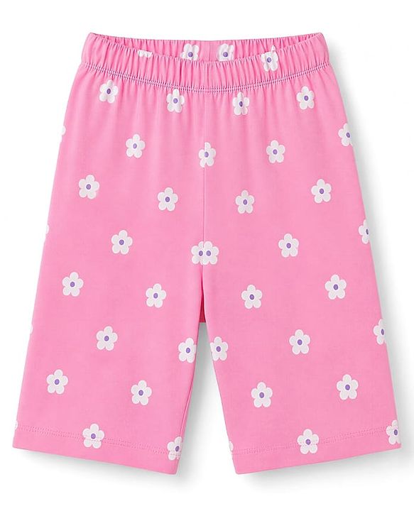 Babyhug 100% Cotton Knit Half sleeves T-Shirt & Capri Night Suit With Floral & Text Print - Green