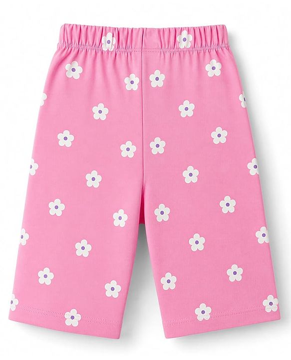 Babyhug 100% Cotton Knit Half sleeves T-Shirt & Capri Night Suit With Floral & Text Print - Green