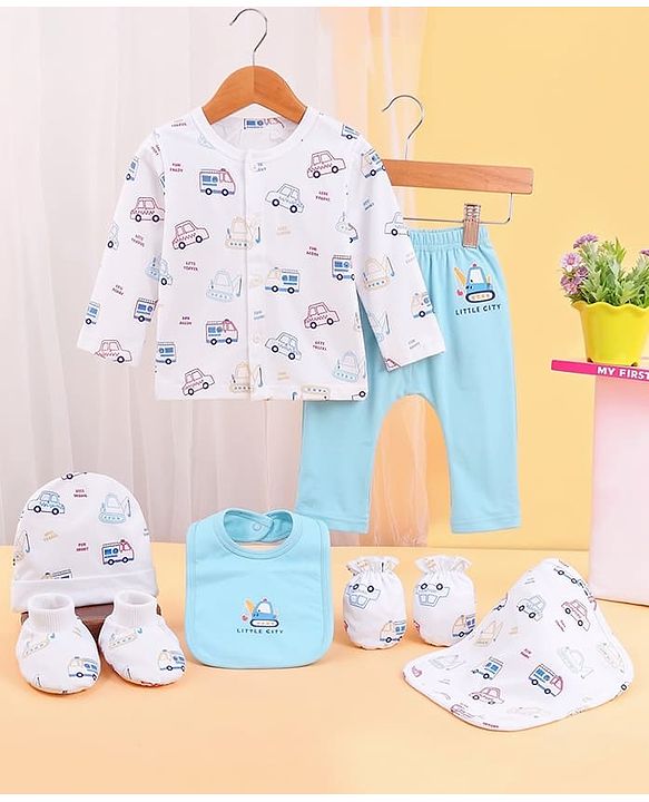 Babyhug 100% Cotton Clothing Essentials Baby Gift Set Pack of 7 - Light Blue