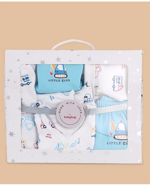 Babyhug 100% Cotton Clothing Essentials Baby Gift Set Pack of 7 - Light Blue