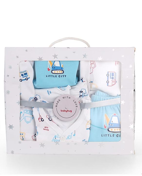 Babyhug 100% Cotton Clothing Essentials Baby Gift Set Pack of 7 - Light Blue