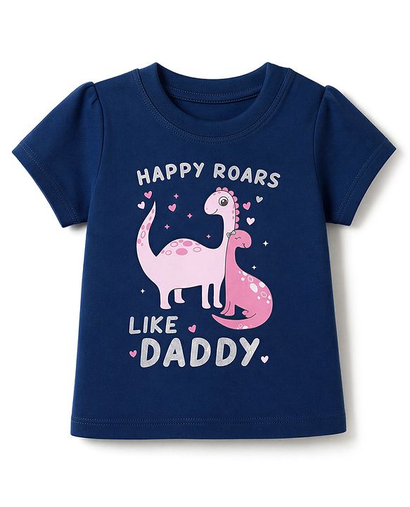 Babyhug 100% Cotton Knit Half Sleeves T-Shirt & Pyjama Night Suit with Dinosaur, Heart & Text Print - Navy Blue
