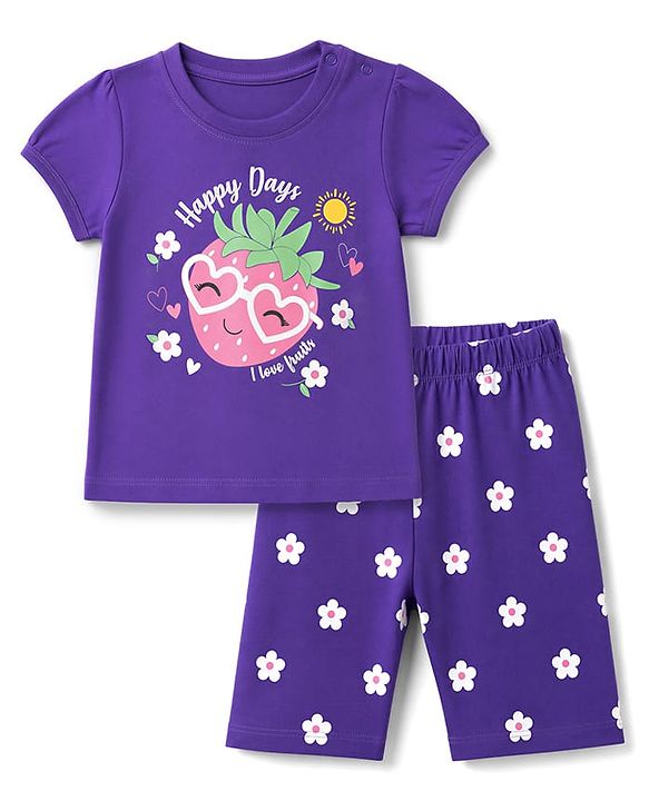 Babyhug 100% Cotton Knit Half sleeves T-Shirt & Capri Nightsuit with Strawberry & Flower Print - Violet