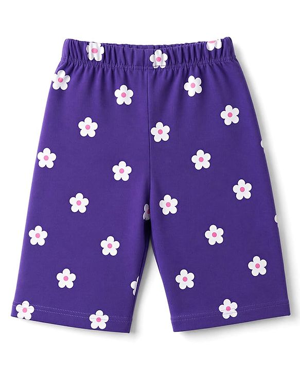 Babyhug 100% Cotton Knit Half sleeves T-Shirt & Capri Nightsuit with Strawberry & Flower Print - Violet