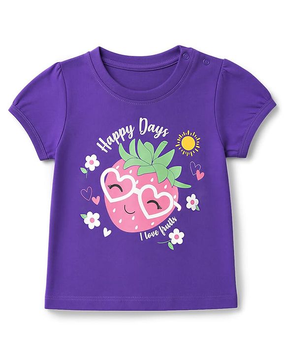 Babyhug 100% Cotton Knit Half sleeves T-Shirt & Capri Nightsuit with Strawberry & Flower Print - Violet