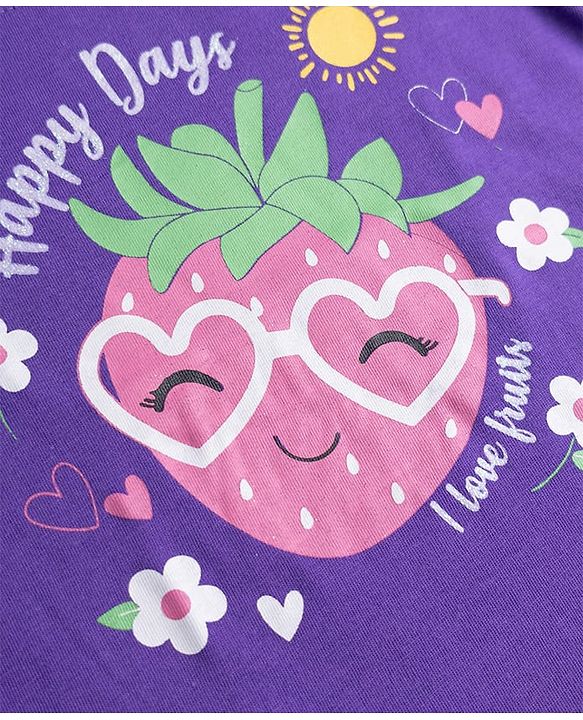 Babyhug 100% Cotton Knit Half sleeves T-Shirt & Capri Nightsuit with Strawberry & Flower Print - Violet