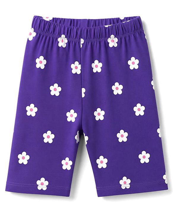Babyhug 100% Cotton Knit Half sleeves T-Shirt & Capri Nightsuit with Strawberry & Flower Print - Violet