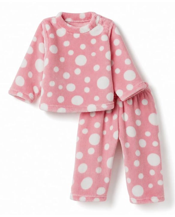 Babyhug Knit Full Sleeves Co-Ords T-Shirt & Pyjama Winter Nightsuit with Polka Dots Design - Pink