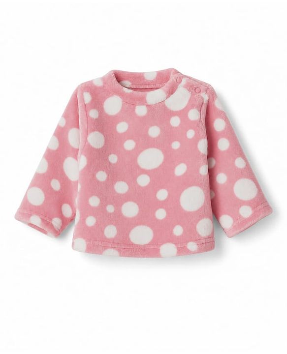 Babyhug Knit Full Sleeves Co-Ords T-Shirt & Pyjama Winter Nightsuit with Polka Dots Design - Pink