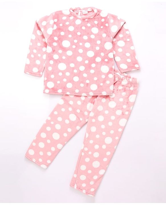 Babyhug Knit Full Sleeves Co-Ords T-Shirt & Pyjama Winter Nightsuit with Polka Dots Design - Pink