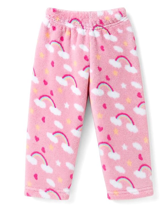 Babyhug Cotton Knit Full Sleeves Co-Ords T-Shirt & Pyjama Winter Wear Night Suit with Rainbow Print  - Pink