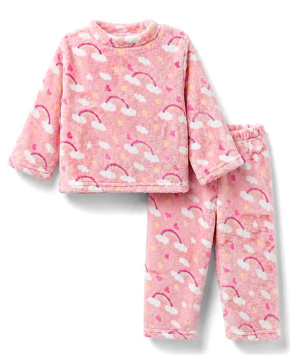 Babyhug Cotton Knit Full Sleeves Co-Ords T-Shirt & Pyjama Winter Wear Night Suit with Rainbow Print  - Pink