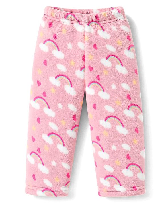 Babyhug Cotton Knit Full Sleeves Co-Ords T-Shirt & Pyjama Winter Wear Night Suit with Rainbow Print  - Pink