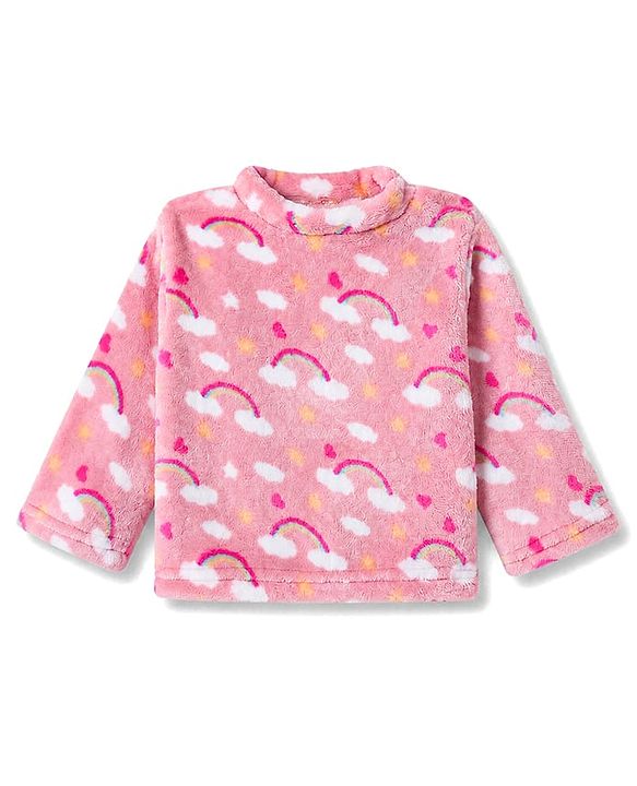 Babyhug Cotton Knit Full Sleeves Co-Ords T-Shirt & Pyjama Winter Wear Night Suit with Rainbow Print  - Pink
