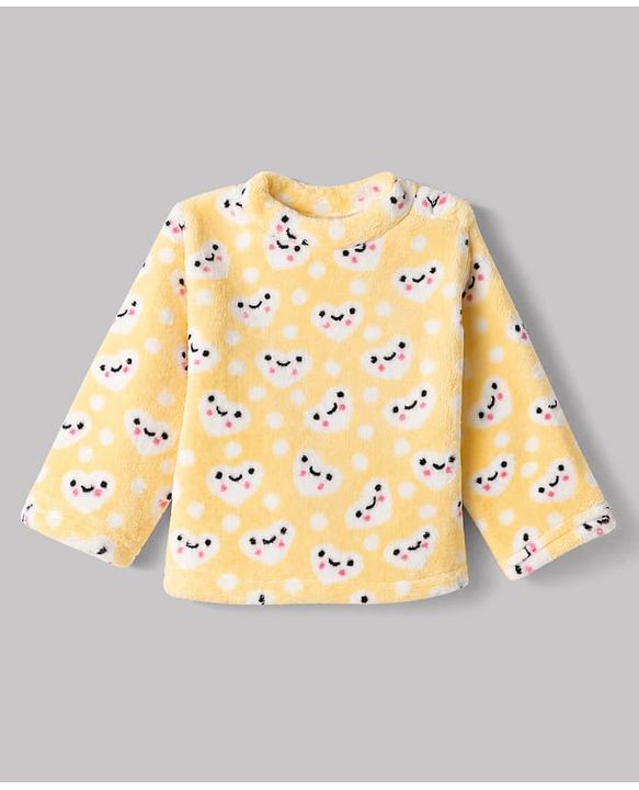 Babyhug Cotton Knit Full Sleeves Co-Ords T-Shirt & Pyjama Winter Night Suit with Heart Design - Yellow