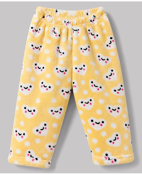 Babyhug Cotton Knit Full Sleeves Co-Ords T-Shirt & Pyjama Winter Night Suit with Heart Design - Yellow