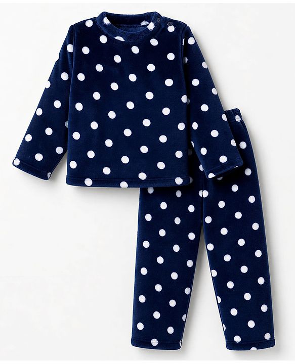 Babyhug Cotton Knit Full Sleeves Co-Ords T-Shirt & Pyjama Winter Wear Night Suit with Polka Dots Print - Navy Blue