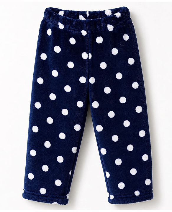Babyhug Cotton Knit Full Sleeves Co-Ords T-Shirt & Pyjama Winter Wear Night Suit with Polka Dots Print - Navy Blue