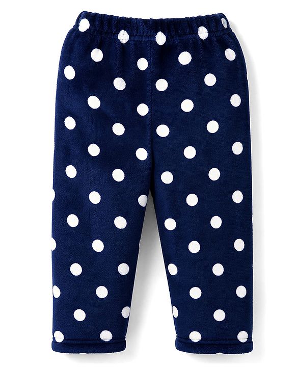 Babyhug Cotton Knit Full Sleeves Co-Ords T-Shirt & Pyjama Winter Wear Night Suit with Polka Dots Print - Navy Blue