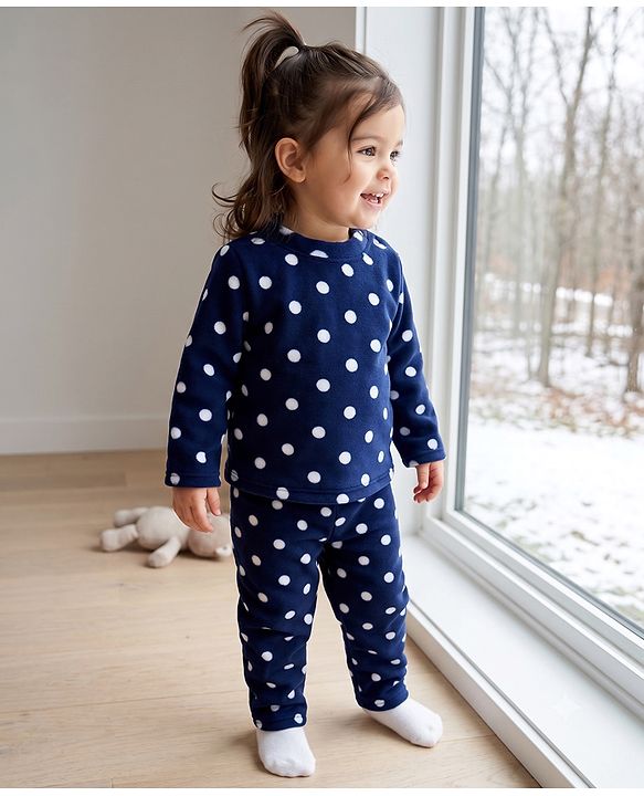 Babyhug Cotton Knit Full Sleeves Co-Ords T-Shirt & Pyjama Winter Wear Night Suit with Polka Dots Print - Navy Blue