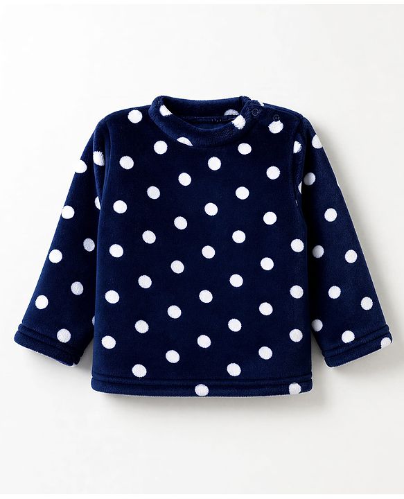 Babyhug Cotton Knit Full Sleeves Co-Ords T-Shirt & Pyjama Winter Wear Night Suit with Polka Dots Print - Navy Blue