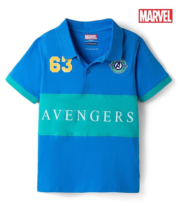 Pine Kids Marvel Cotton Knit Half Sleeves Pique Polo T-Shirt with Avengers Print - B;ue
