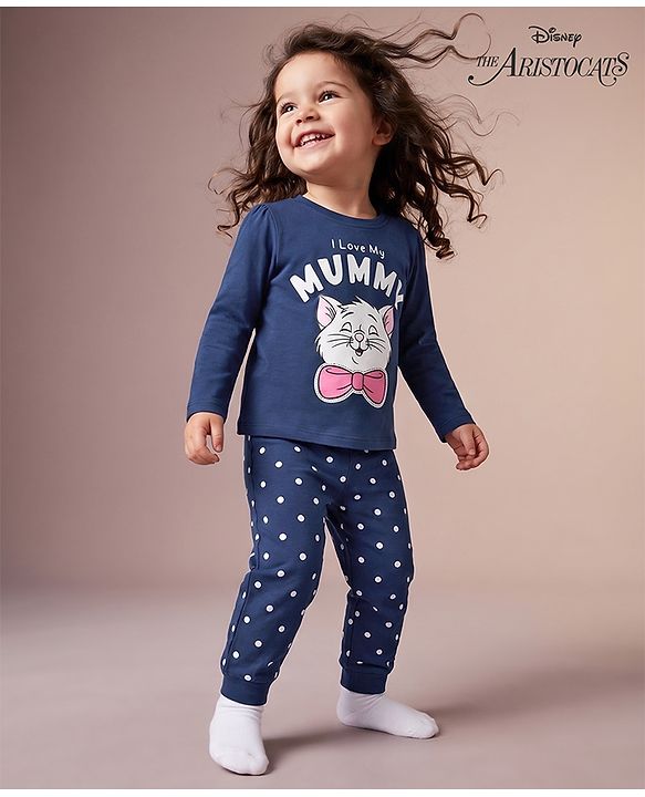 Babyhug Disney Single Jersey Knit Full Sleeves T-Shirt & Pyjama Night Suit with Marie  Graphics - Navy Blue