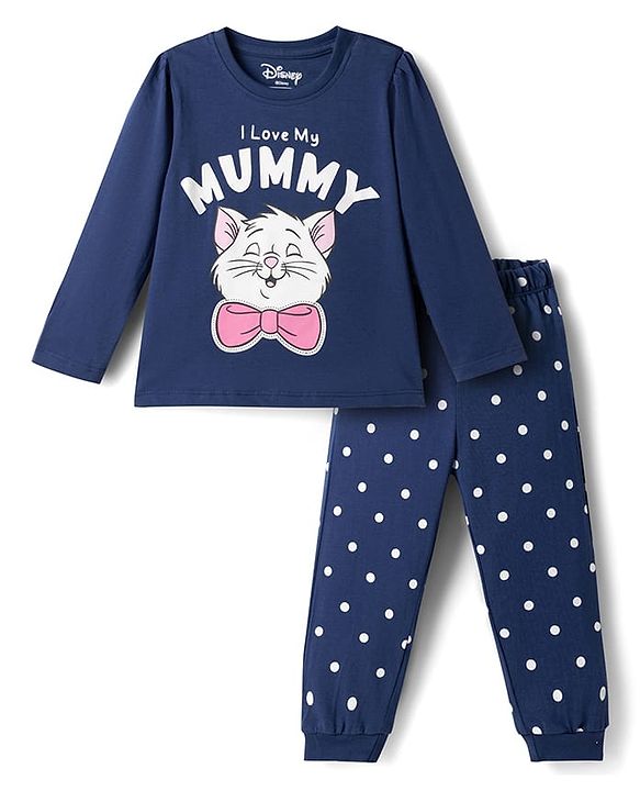 Babyhug Disney Single Jersey Knit Full Sleeves T-Shirt & Pyjama Night Suit with Marie  Graphics - Navy Blue