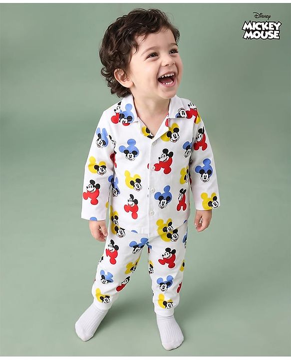 Babyhug Disney Single Jersey Knit Full Sleeves Co-Ords Shirt & Pyjama Nightsuit with Mickey Mouse Graphic - White