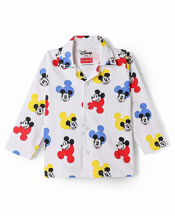 Babyhug Disney Single Jersey Knit Full Sleeves Co-Ords Shirt & Pyjama Nightsuit with Mickey Mouse Graphic - White