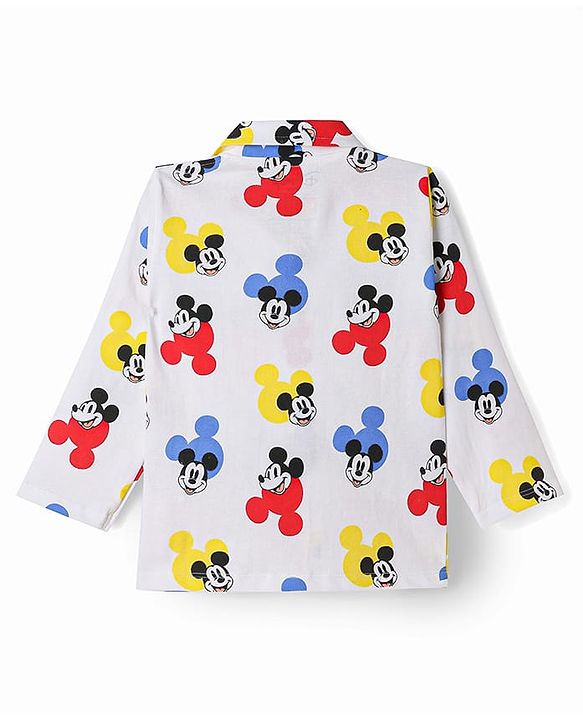 Babyhug Disney Single Jersey Knit Full Sleeves Co-Ords Shirt & Pyjama Nightsuit with Mickey Mouse Graphic - White