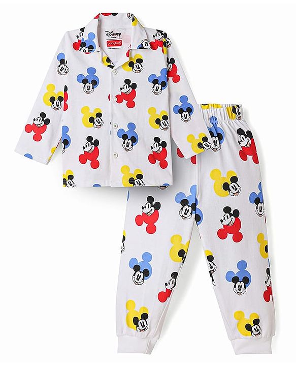 Babyhug Disney Single Jersey Knit Full Sleeves Co-Ords Shirt & Pyjama Nightsuit with Mickey Mouse Graphic - White