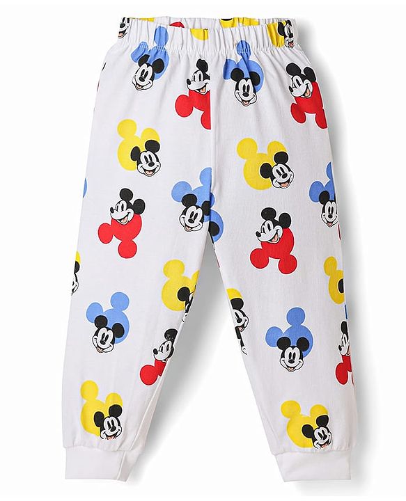 Babyhug Disney Single Jersey Knit Full Sleeves Co-Ords Shirt & Pyjama Nightsuit with Mickey Mouse Graphic - White