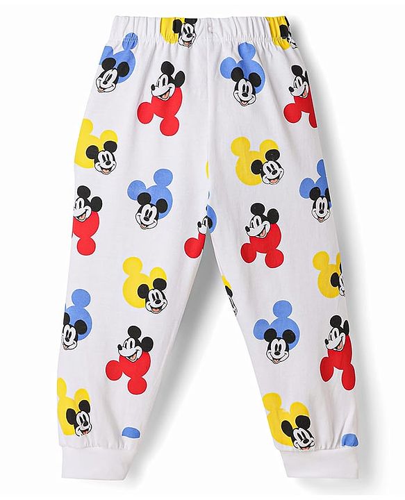 Babyhug Disney Single Jersey Knit Full Sleeves Co-Ords Shirt & Pyjama Nightsuit with Mickey Mouse Graphic - White