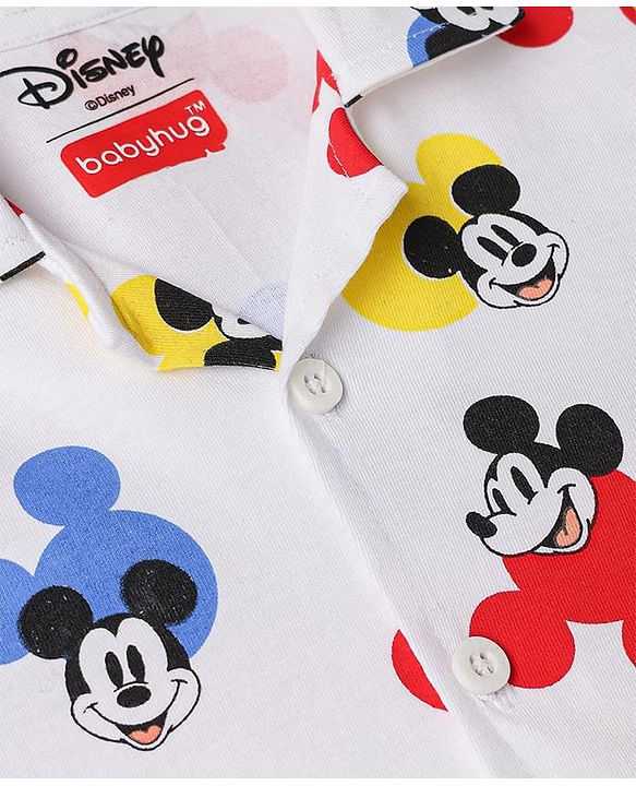 Babyhug Disney Single Jersey Knit Full Sleeves Co-Ords Shirt & Pyjama Nightsuit with Mickey Mouse Graphic - White