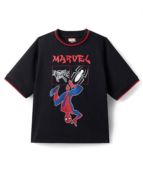Pine Kids Marvel Single Jersey Knit Half Sleeves T-Shirt with Spiderman Print - Black