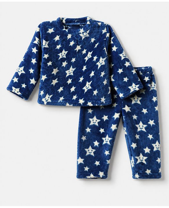 Babyhug Cotton Knit Full Sleeves Co-Ords T-Shirt & Pyjama Winter Wear Night Suit with Rainbow & Star Print - Blue