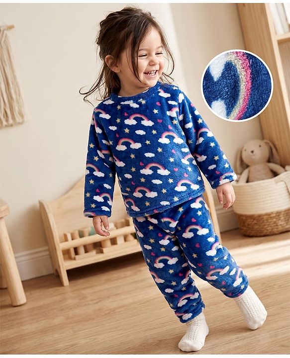 Babyhug Cotton Knit Full Sleeves Co-Ords T-Shirt & Pyjama Winter Wear Night Suit with Rainbow & Star Print - Blue