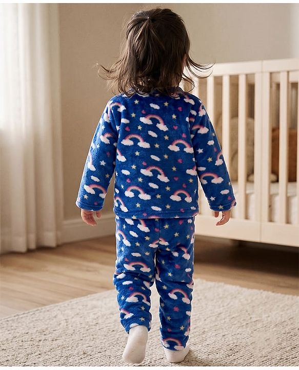 Babyhug Cotton Knit Full Sleeves Co-Ords T-Shirt & Pyjama Winter Wear Night Suit with Rainbow & Star Print - Blue