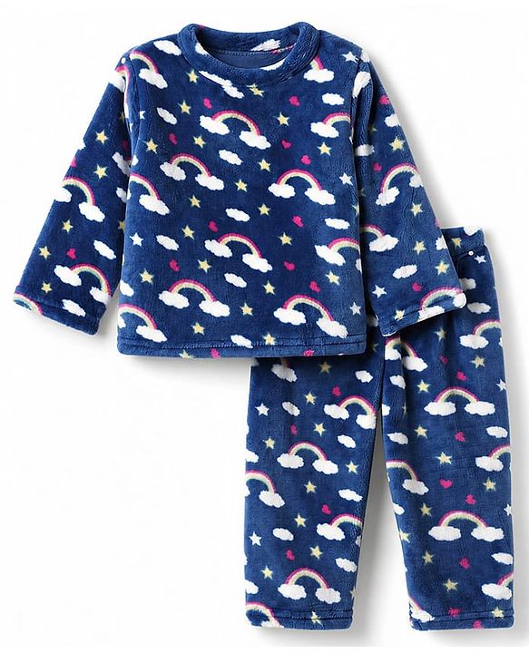 Babyhug Cotton Knit Full Sleeves Co-Ords T-Shirt & Pyjama Winter Wear Night Suit with Rainbow & Star Print - Blue