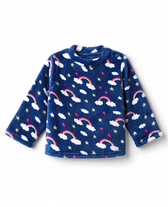 Babyhug Cotton Knit Full Sleeves Co-Ords T-Shirt & Pyjama Winter Wear Night Suit with Rainbow & Star Print - Blue